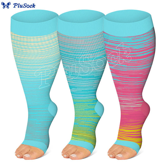 Chaussettes de compression à bout ouvert à rayures colorées grande taille (3 paires) - Multicolore - 4XL - image 0