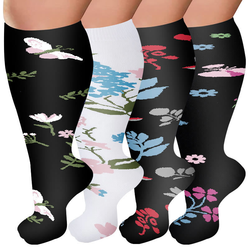 Chaussettes de compression grande taille à motif de fleurs et de papillons (4 paires) - Multicolore - 4XL - image 1