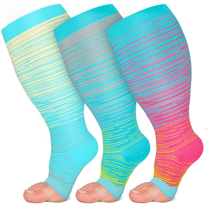 Chaussettes de compression à bout ouvert à rayures colorées grande taille (3 paires) - image 1