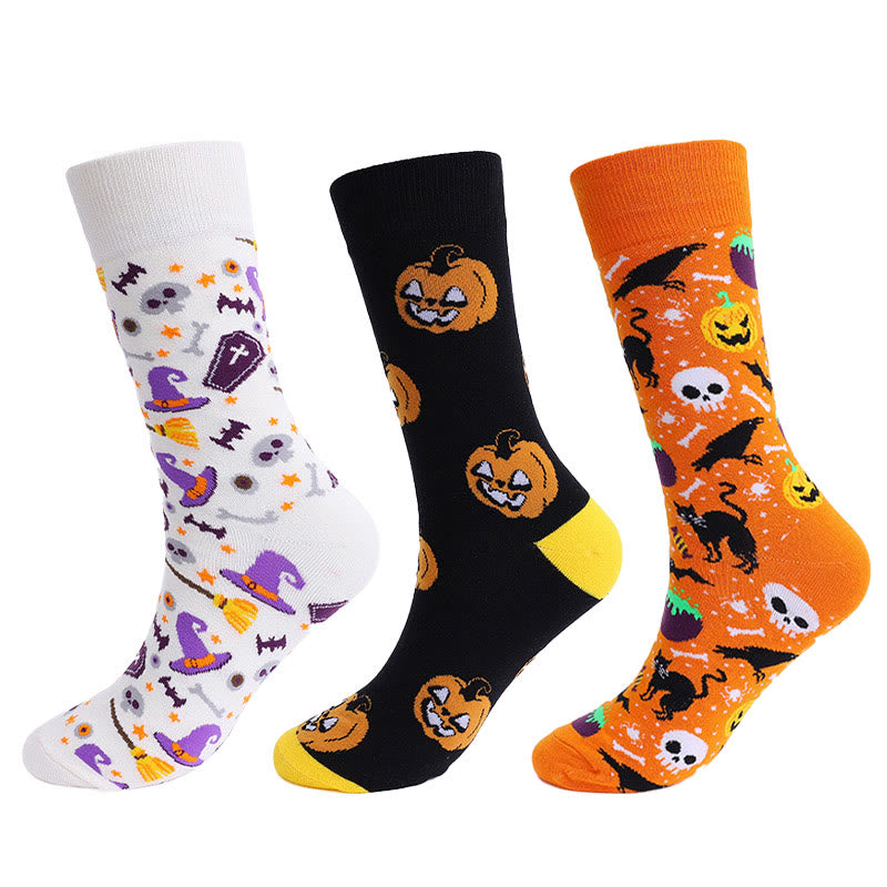 Chaussettes montantes citrouille et crâne pour Halloween (3 paires) - Multicolore A (3 paires) - EU39-47 (US6-12,5) - image 1