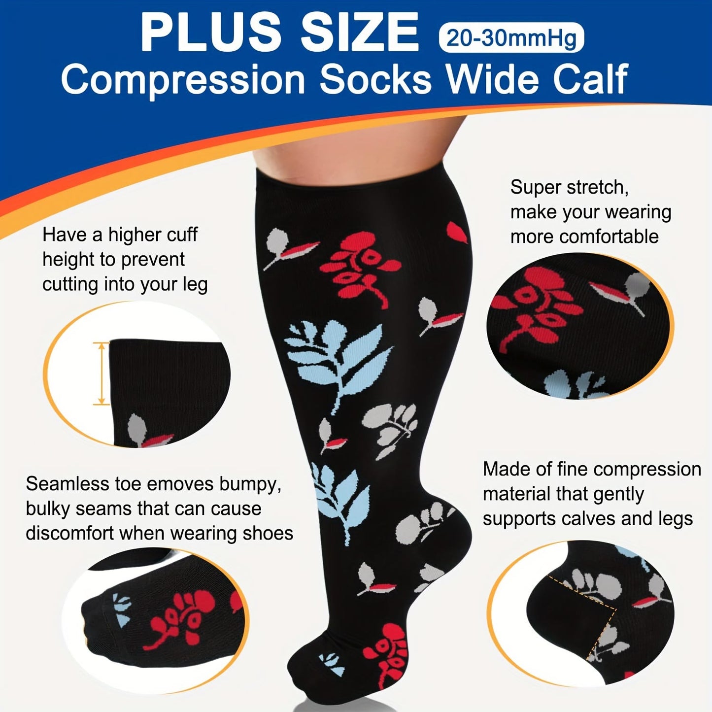 Chaussettes de compression grande taille à motif de fleurs et de papillons (4 paires) - image 1