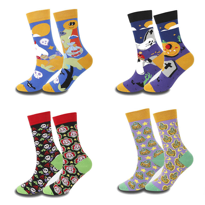 Chaussettes hautes à motif citrouille et tête de mort (4 paires) - Multicolore - EU36-44 (US3-10) - image 1