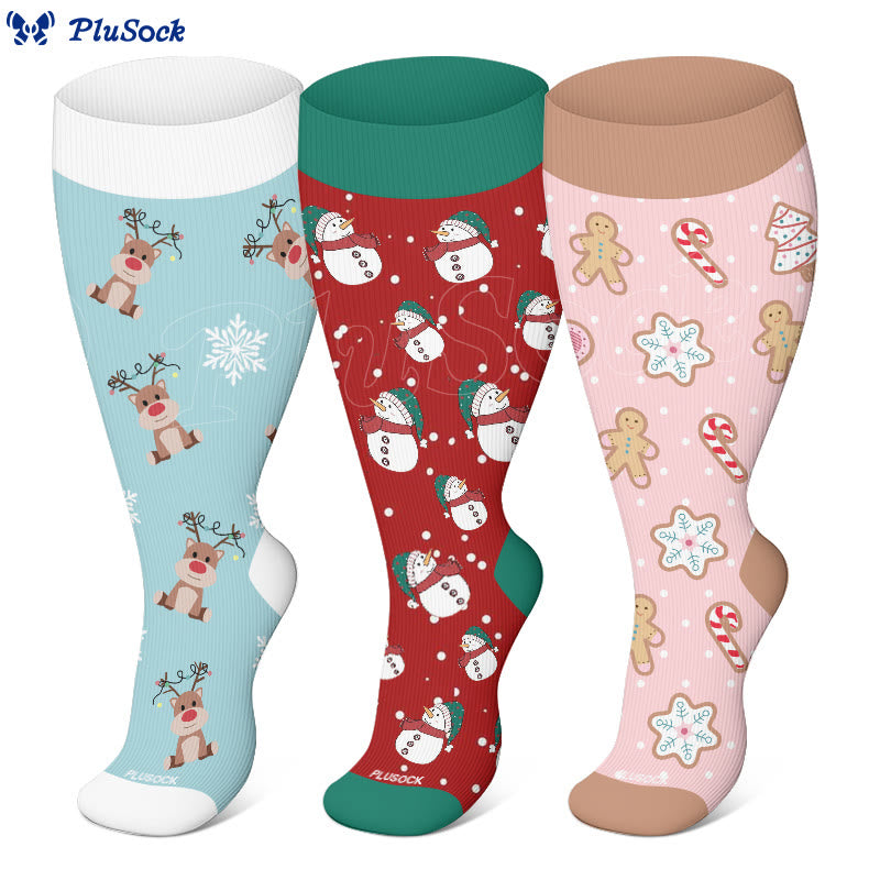 Chaussettes de compression grande taille motif bonhomme de neige, élan et bonhomme en pain d'épices (3 paires) - image 0