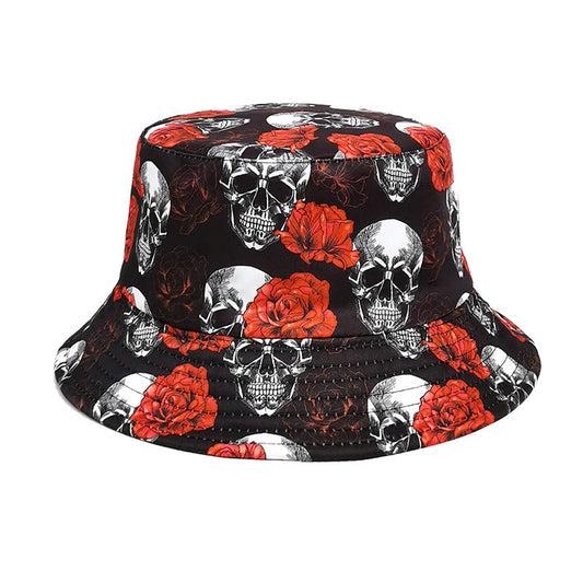 Chapeau bob grande taille à motif tête de mort et rose