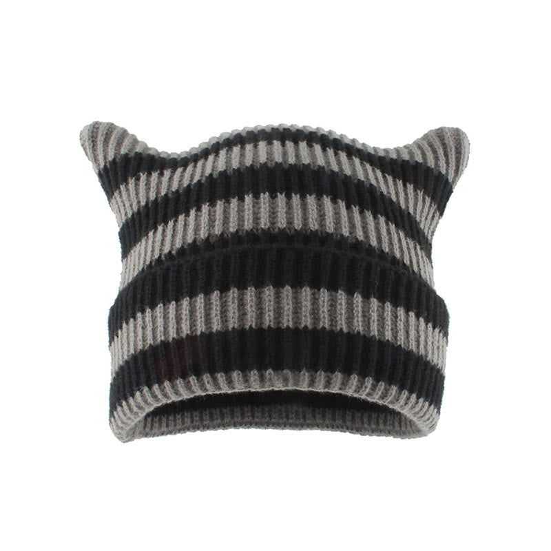 Bonnet oreilles de chat à rayures épaisses grande taille - Gris - Taille unique - image 1
