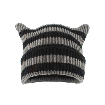 Bonnet oreilles de chat à rayures épaisses grande taille - Gris - Taille unique - image 1