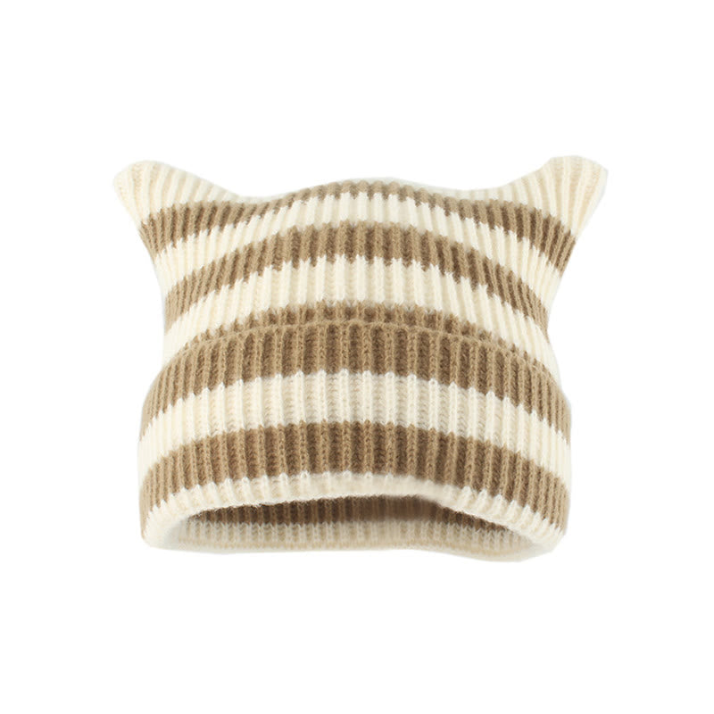 Bonnet oreilles de chat à rayures épaisses grande taille - Kaki - Taille unique - image 6