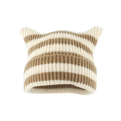 Bonnet oreilles de chat à rayures épaisses grande taille - Kaki - Taille unique - image 6