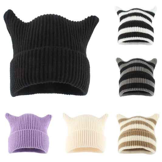 Bonnet oreilles de chat à rayures épaisses grande taille