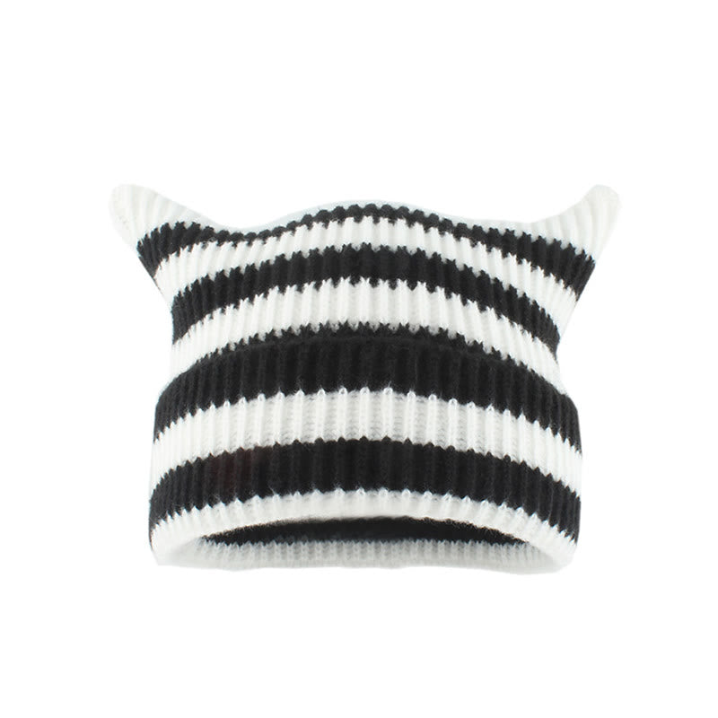 Bonnet oreilles de chat à rayures épaisses grande taille - Blanc - Taille unique - image 8