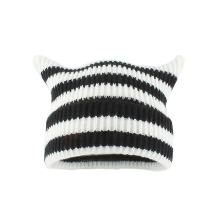 Bonnet oreilles de chat à rayures épaisses grande taille - Blanc - Taille unique - image 8