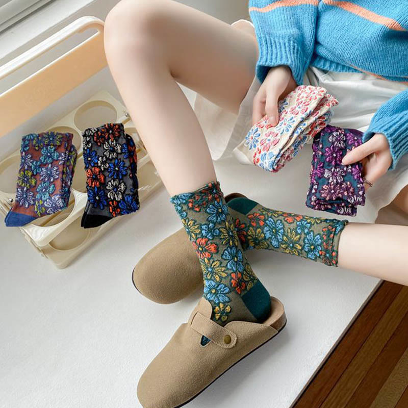 Chaussettes rétro à fleurs sculptées (5 paires) - image 4
