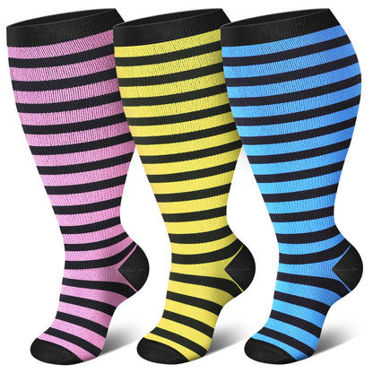 Chaussettes de compression à rayures roses, bleues et jaunes grande taille (3 paires)