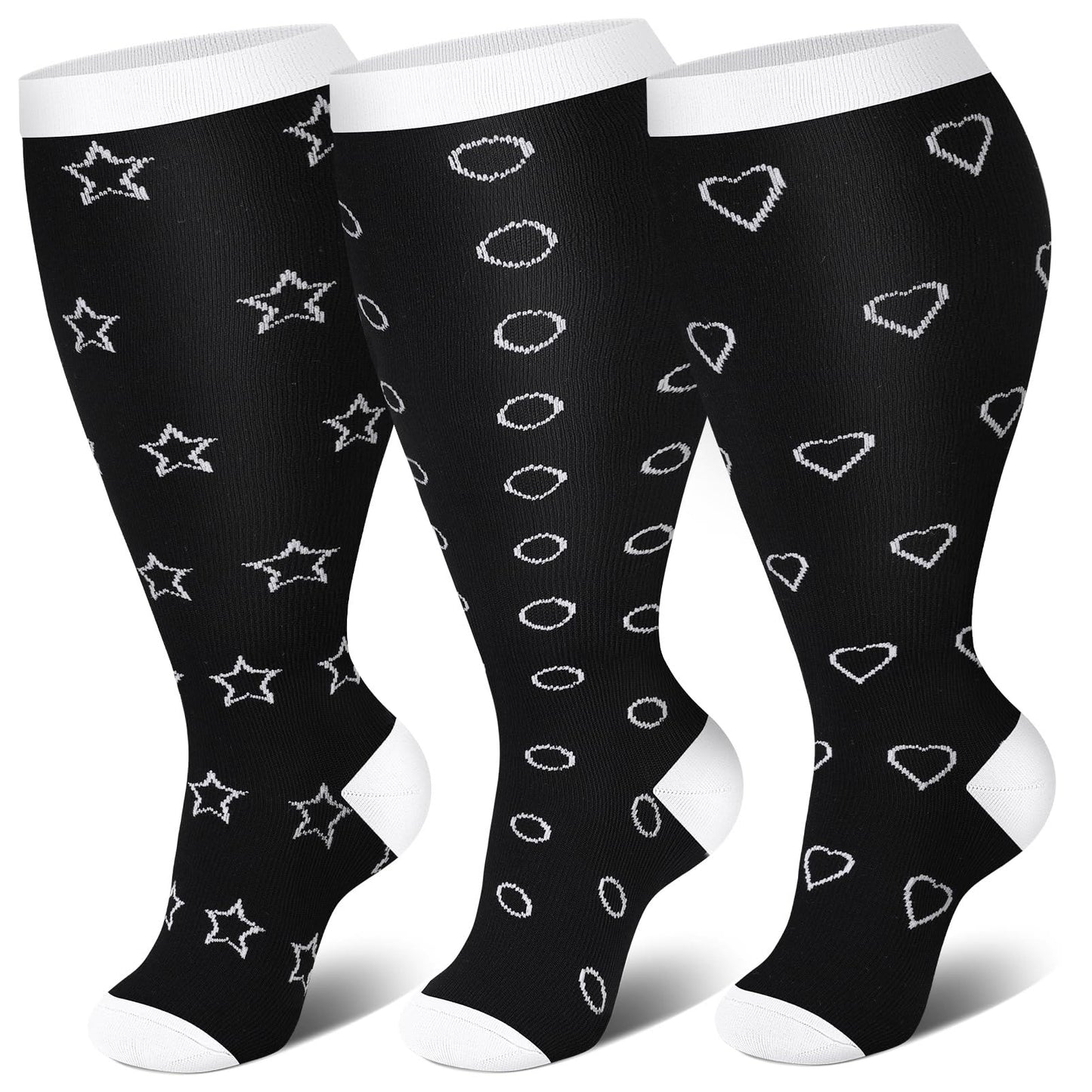 Chaussettes de compression grande taille motif cœur et étoile (3 paires)
