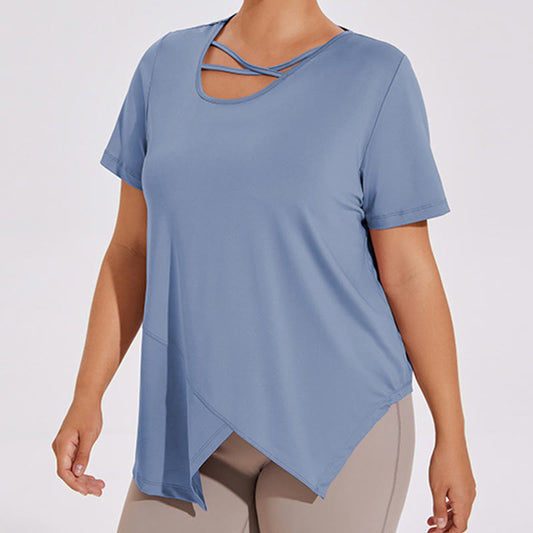 T-shirt de yoga asymétrique respirant à manches courtes grande taille - Bleu - 4XL - image 0