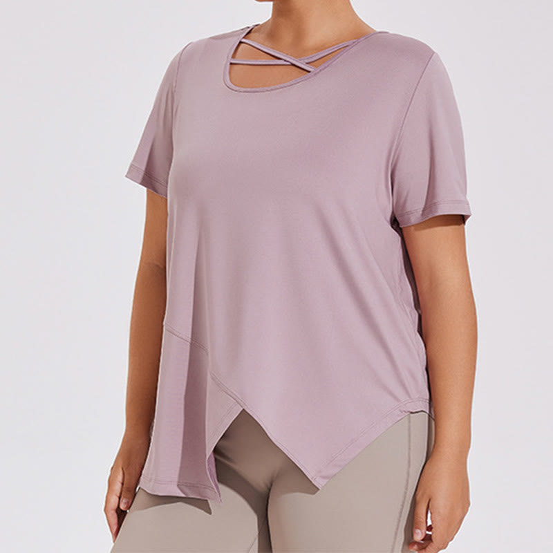 T-shirt de yoga asymétrique respirant à manches courtes grande taille - Violet - 4XL - image 1