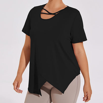 T-shirt de yoga asymétrique respirant à manches courtes grande taille - Noir - 4XL - image 2