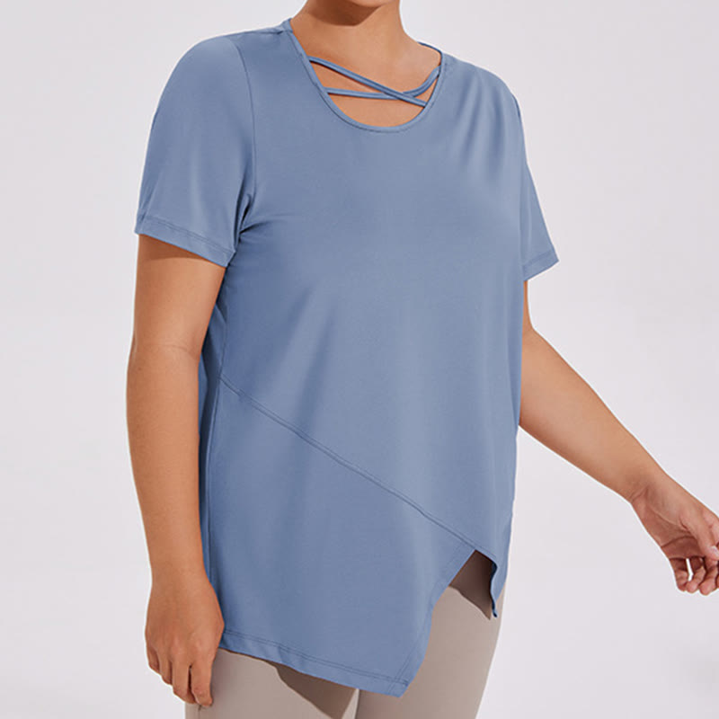T-shirt de yoga asymétrique respirant à manches courtes grande taille - image 3
