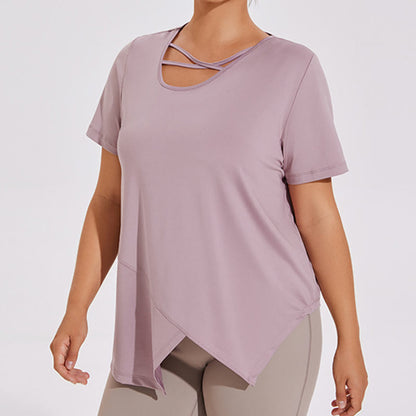 T-shirt de yoga asymétrique respirant à manches courtes grande taille - image 5