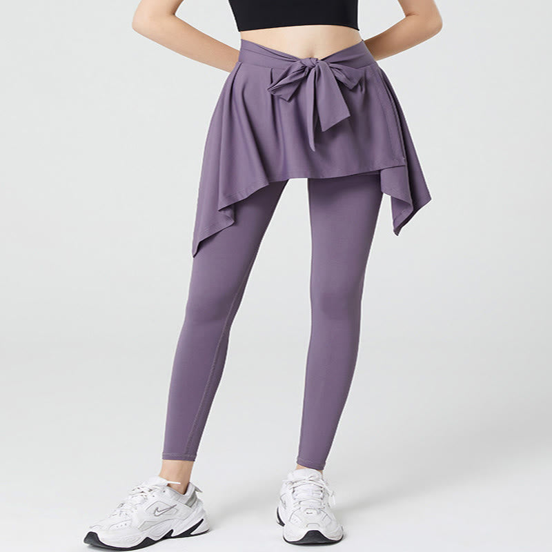 Pantalon de yoga 2 en 1 grande taille avec jupe intégrée à la taille et ceinture nouée - Violet - 5XL - image 0