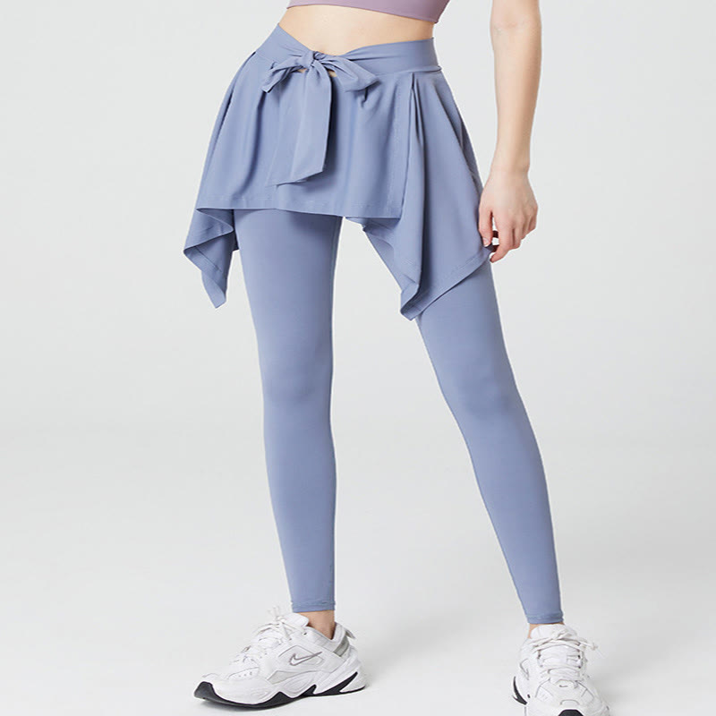 Pantalon de yoga 2 en 1 grande taille avec jupe intégrée à la taille et ceinture nouée - Bleu - 5XL - image 1