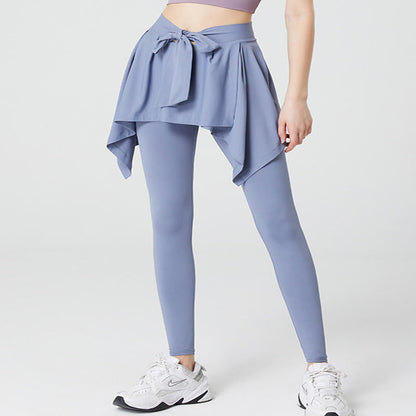 Pantalon de yoga 2 en 1 grande taille avec jupe intégrée à la taille et ceinture nouée - Bleu - 5XL - image 1