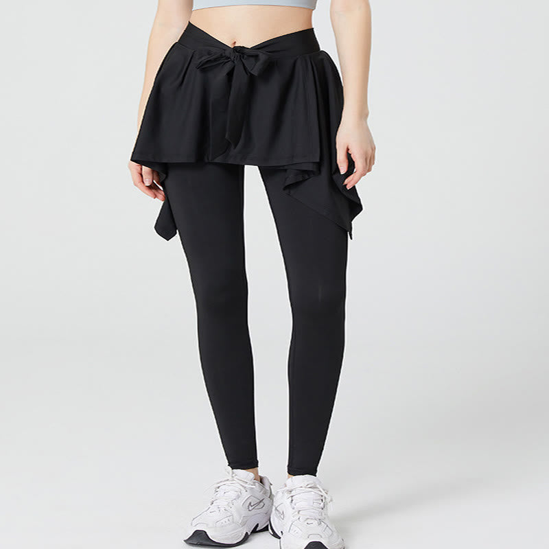Pantalon de yoga 2 en 1 grande taille avec jupe intégrée à la taille et ceinture nouée - Noir - 5XL - image 3
