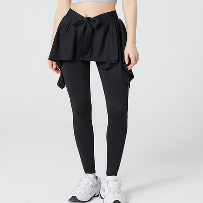 Pantalon de yoga 2 en 1 grande taille avec jupe intégrée à la taille et ceinture nouée - Noir - 5XL - image 3