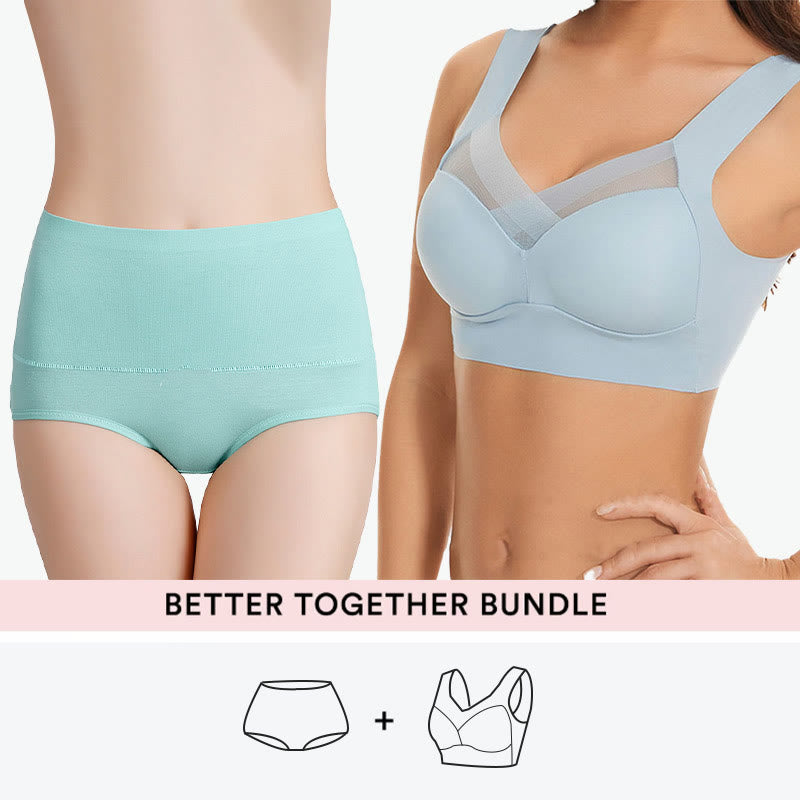 Ensemble soutien-gorge sans armatures + culotte taille haute - Bleu clair - 7XL - 6XL - image 2