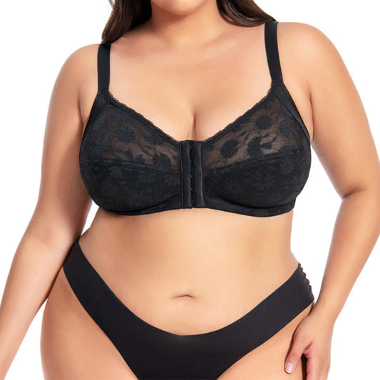 Soutien-gorge sans armatures en dentelle à fermeture avant - Noir - 44D - image 0