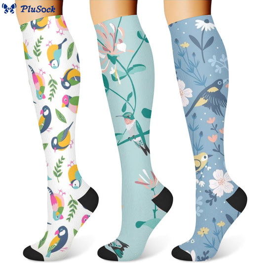 Chaussettes de compression à motif oiseau et fleur (3 paires) - Multicolore - S/M - image 1