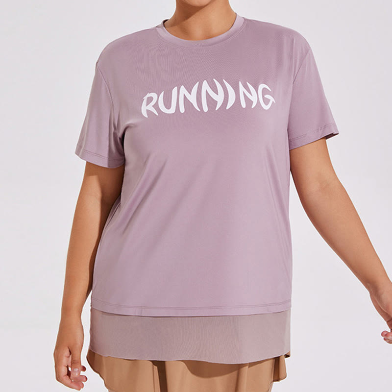 T-shirt de yoga ample à manches courtes et empiècements en maille grande taille - Violet - 4XL - image 0