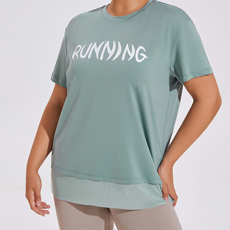 T-shirt de yoga ample à manches courtes et empiècements en maille grande taille - image 3
