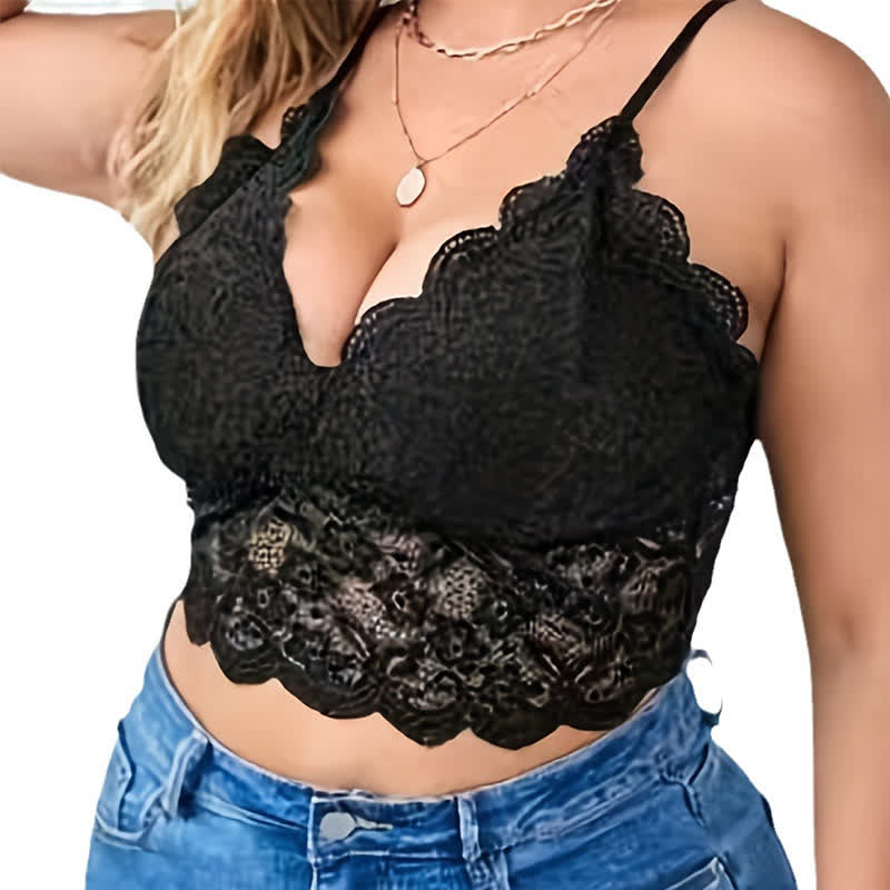 Soutien-gorge sans armatures en dentelle française sexy, moulant et à bretelles - Noir - 5XL - image 0