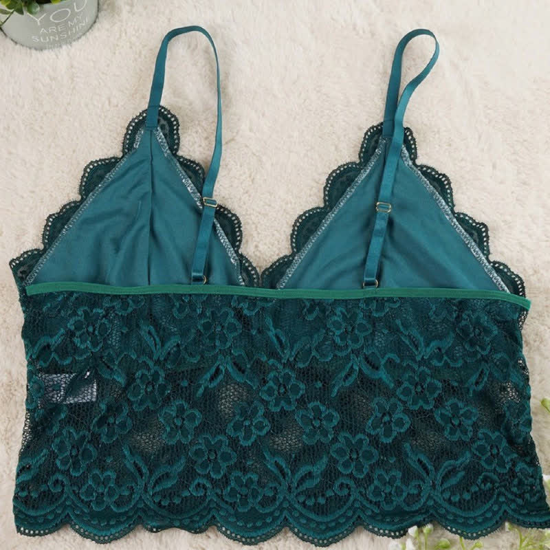 Soutien-gorge sans armatures en dentelle française sexy, moulant et à bretelles - Vert foncé - 5XL - image 6