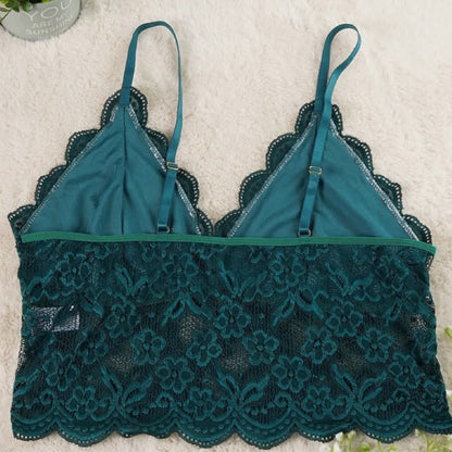 Soutien-gorge sans armatures en dentelle française sexy, moulant et à bretelles - Vert foncé - 5XL - image 6