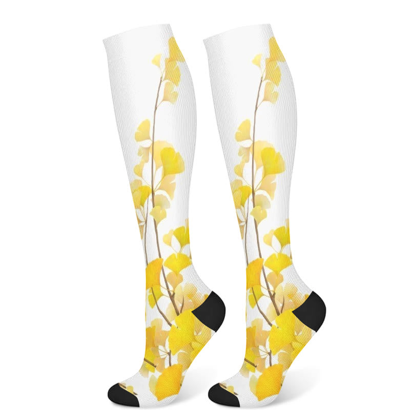Chaussettes de compression à motif de feuilles de ginkgo et de fleurs de prunier (3 paires) - Feuille de ginkgo (1 paire) - S/M - image 7