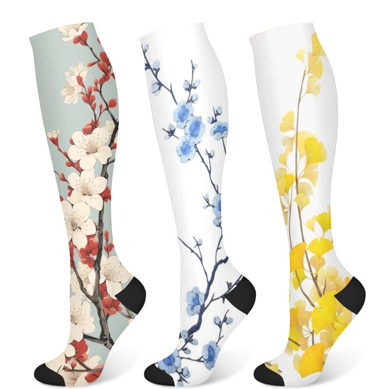 Chaussettes de compression à motif de feuilles de ginkgo et de fleurs de prunier (3 paires) - Multicolore - S/M - image 5