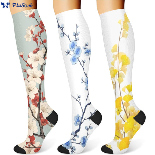 Chaussettes de compression à motif de feuilles de ginkgo et de fleurs de prunier (3 paires) - image 1