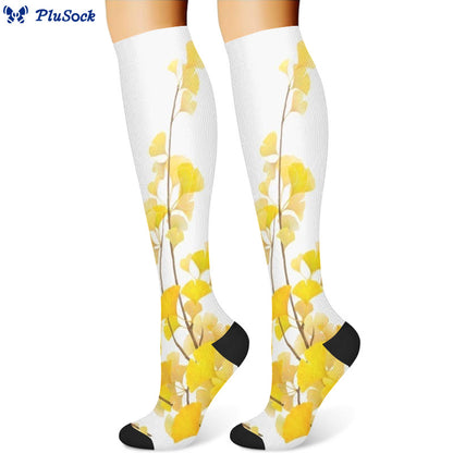 Chaussettes de compression à motif de feuilles de ginkgo et de fleurs de prunier (3 paires) - image 4