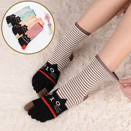 Chaussettes rayées à motif chat (5 paires) - Kaki - EU37-40 (US4-7) - image 1