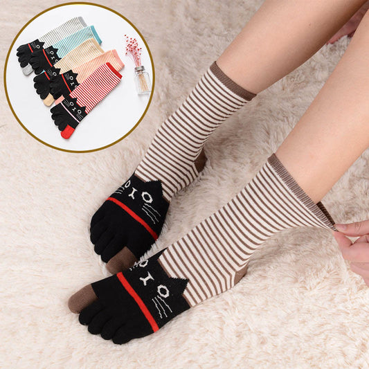 Chaussettes rayées à motif chat (5 paires) - Kaki - EU37-40 (US4-7) - image 1