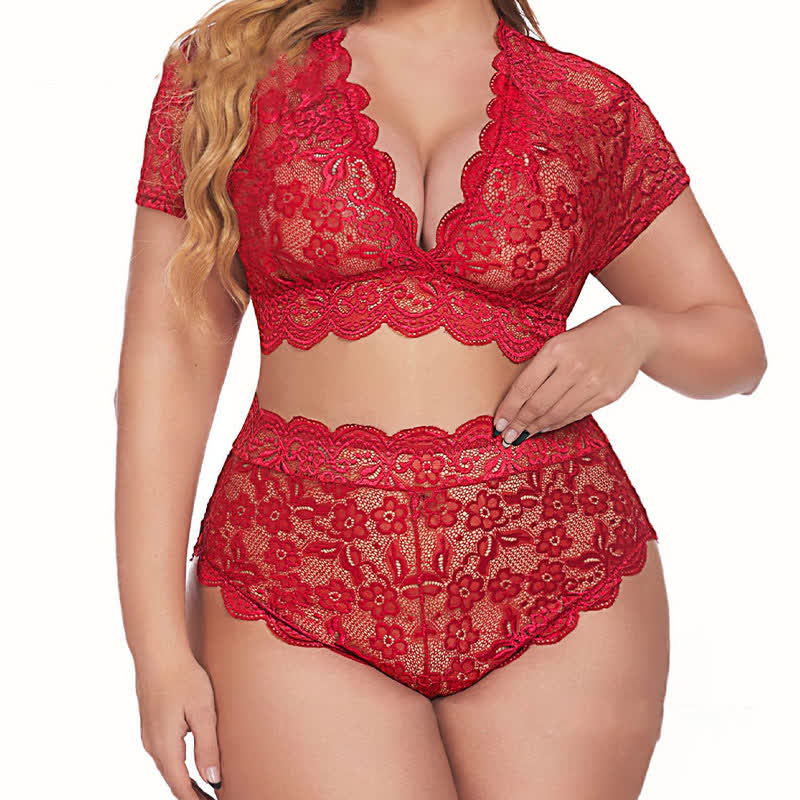 Ensemble soutien-gorge et culotte sexy en dentelle transparente grande taille