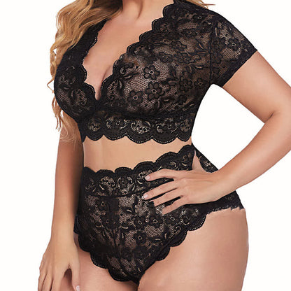 Ensemble soutien-gorge et culotte sexy en dentelle transparente grande taille