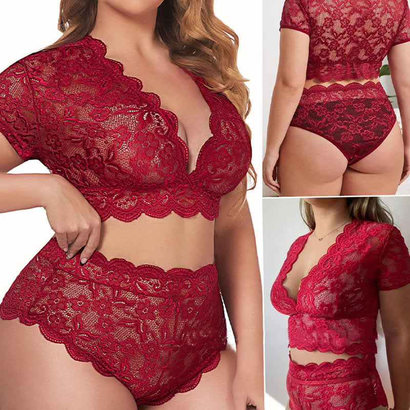 Ensemble soutien-gorge et culotte sexy en dentelle transparente grande taille