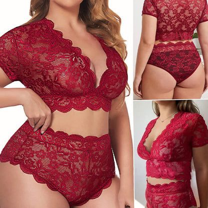 Ensemble soutien-gorge et culotte sexy en dentelle transparente grande taille