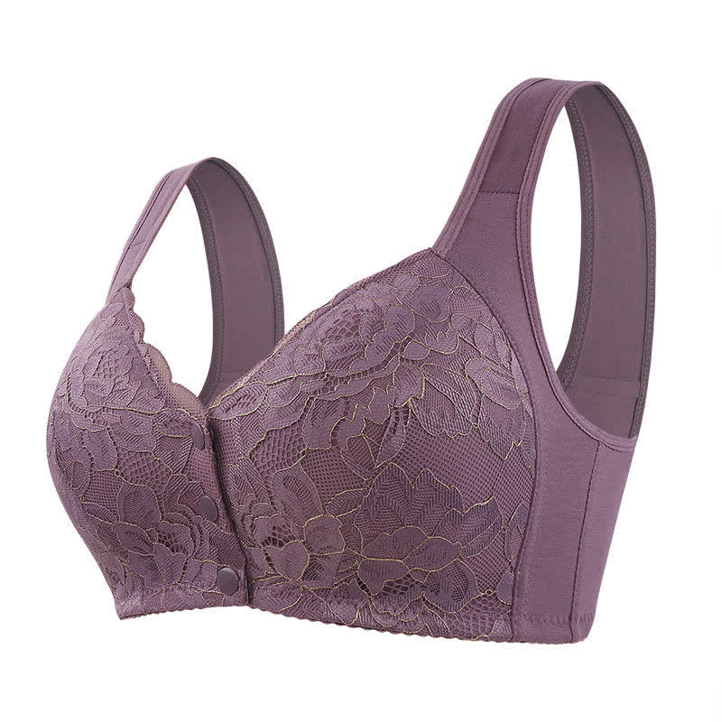 Soutien-gorge sans armatures à bretelles larges en dentelle et fermeture sur le devant, grande taille