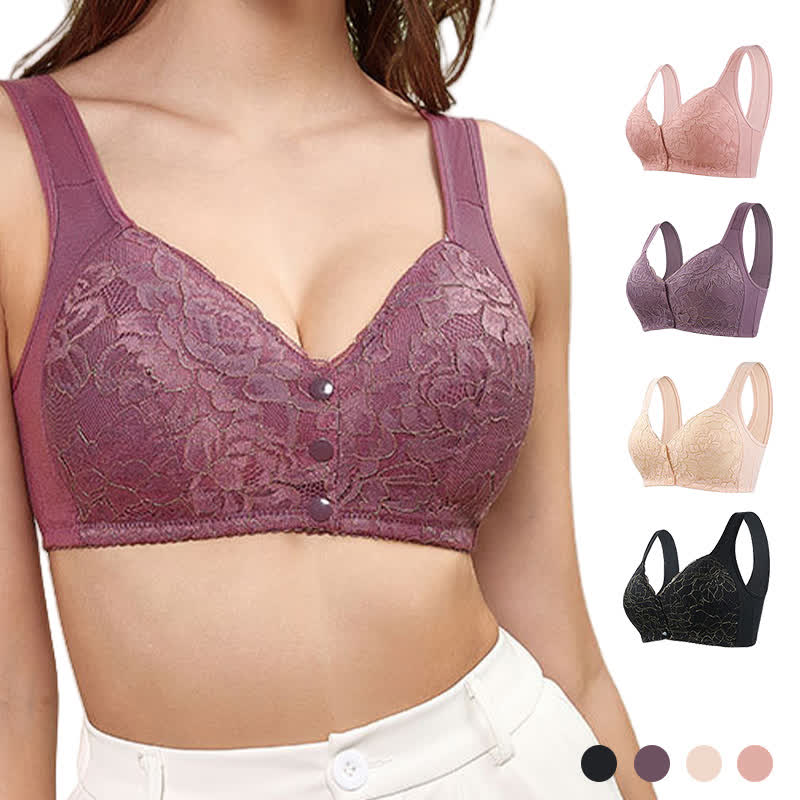 Soutien-gorge sans armatures à bretelles larges en dentelle et fermeture sur le devant, grande taille