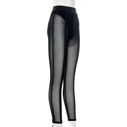 Bas sexy taille haute en maille transparente qui rehausse les hanches