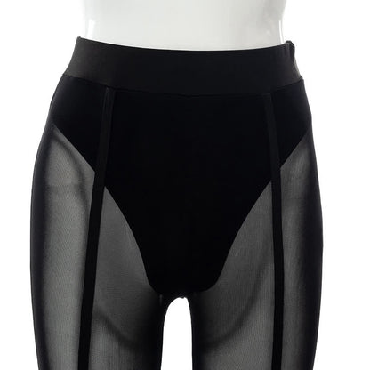 Bas sexy taille haute en maille transparente qui rehausse les hanches
